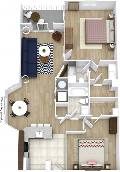 Floor plan for 2 beds, 2 baths, 1000 sqft